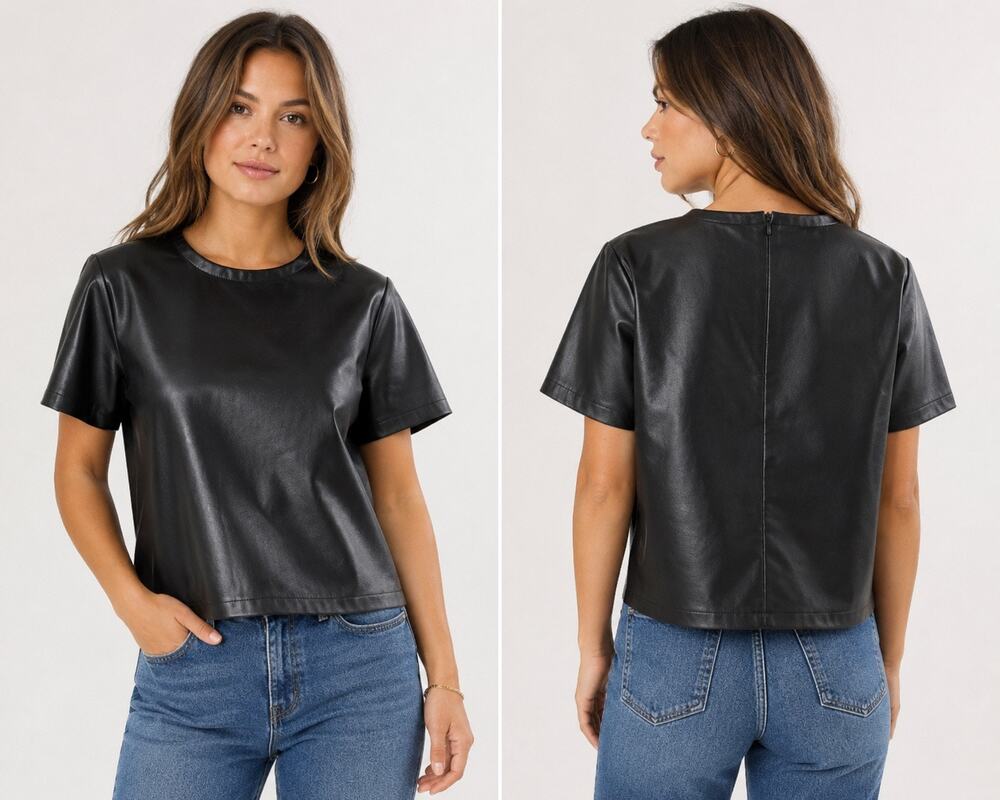 Bagatelle Collection Faux Leather Black Short Sleeve Back Zip Blouse Women’s M
